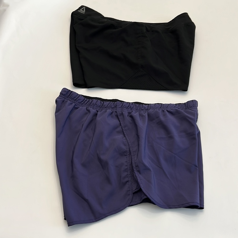 2 pair Reebok speedwick running shorts 1 black 1 purple w/ built in panty size L - Picture 2 of 16